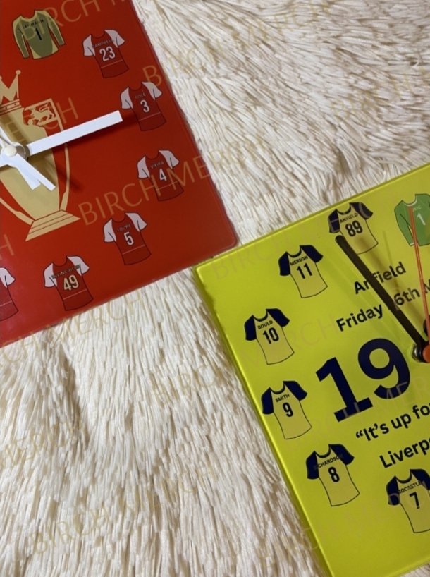 Our beautiful, classy &amp; absolutely unique clocks are 20cm square and made of glass. The Invincibles &amp; 1989 designs join the Clock End and Bruised Banana ones. All four are available to order from our website birchmerch.co.uk or Etsy! Please repost #Arsenal #AFC #ARS #COYG