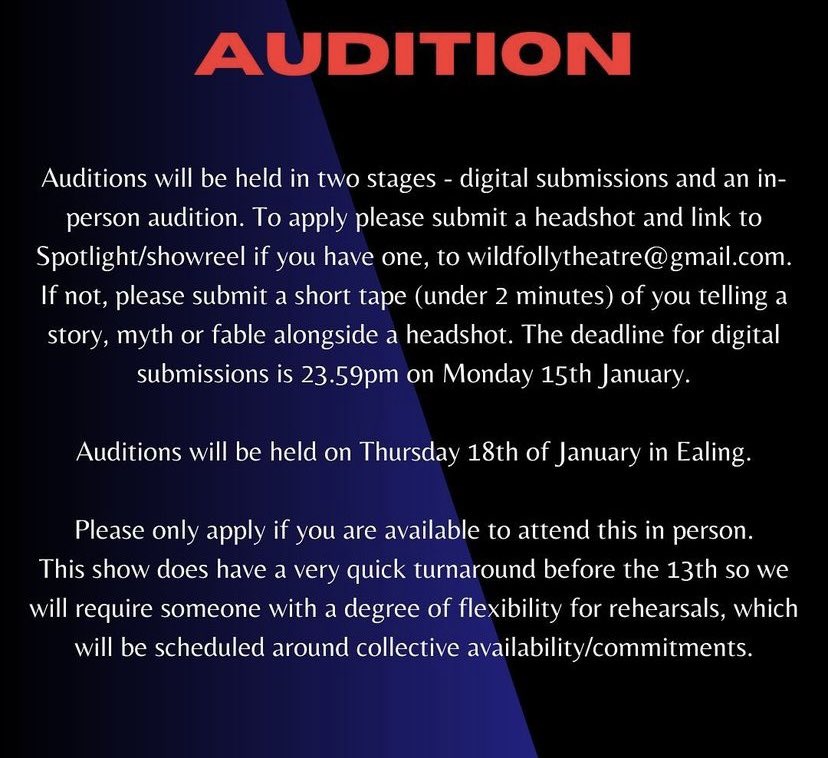 Audition Notice - casting call for female identifying actor! Come join our mythological dark comedy! 
@MollyGoetzee