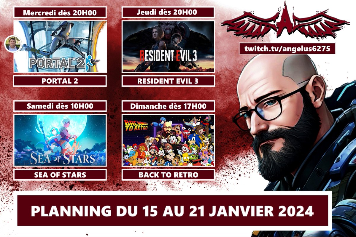 Et bonjour les copains !
Voici le planning pour la semaine du 15 au 21/01/2024 !

Celui-ci sera marqué par le début de l'aventure sur PORTAL 2 avec <a href="/archibast517/">Archibast</a> .

Je vous dis donc à très bien vite sur twitch.tv/angelus6275