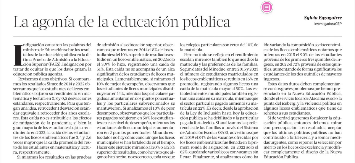 gmunozstuardo's tweet photo. Ninguno d los datos elegidos por @SylviaEyzaguirr para “describir” situación d educación pública y liceos puede atribuirse a ley d inclusión y sistema de admisión, pero su “solución” es “reponer” el mérito en emblemáticos. Importante tener 1 mínimo de rigurosidad en este debate. https://t.co/XLgUx0gDX9