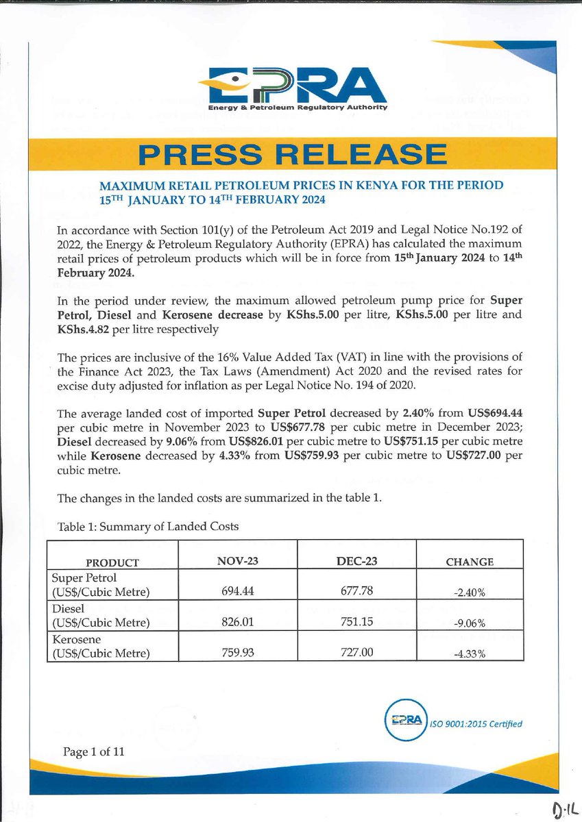 EPRA_KE's tweet photo. In accordance with Section 101(y) of the Petroleum Act 2019 and Legal Notice No.192 of 2022, @EPRA_Ke has calculated the maximum retail prices of petroleum products, which will be in force from 𝟏𝟓𝐭𝐡 𝐉𝐚𝐧𝐮𝐚𝐫𝐲 𝟐𝟎𝟐𝟒 to 𝟏𝟒𝐭𝐡 𝐅𝐞𝐛𝐫𝐮𝐚𝐫𝐲 𝟐𝟎𝟐𝟒.^DC https://t.co/wvmFnuvKhp