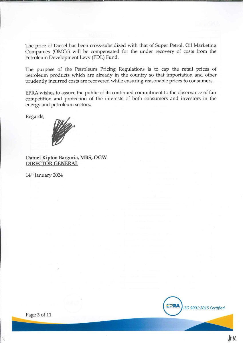 EPRA_KE's tweet photo. In accordance with Section 101(y) of the Petroleum Act 2019 and Legal Notice No.192 of 2022, @EPRA_Ke has calculated the maximum retail prices of petroleum products, which will be in force from 𝟏𝟓𝐭𝐡 𝐉𝐚𝐧𝐮𝐚𝐫𝐲 𝟐𝟎𝟐𝟒 to 𝟏𝟒𝐭𝐡 𝐅𝐞𝐛𝐫𝐮𝐚𝐫𝐲 𝟐𝟎𝟐𝟒.^DC https://t.co/wvmFnuvKhp