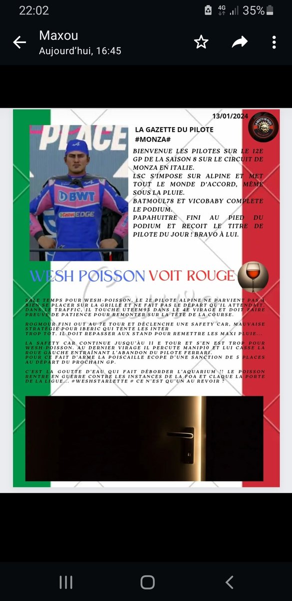FOA_officiel's tweet photo. 🗞LA GAZETTE DU PILOTE🗞
By ✒ @Iberic9587 

Résumé Monza 🇮🇹
Course 12
➡️ Saison 8 @FOA_officiel
 
#F1 #F122game #f122 #PS5 #Championship #ps4 #PS4live #ps4share #PS5Share #gp #game #esportsnews #f1game #f123 #eSports #F1Esports #gamer #monza #twitch #YouTube https://t.co/X4aowmBLE0
