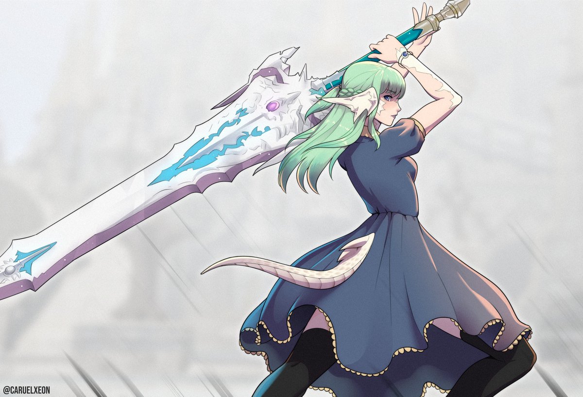 First drawing of my auri lady Caruel!
Her concept is that of a strong woman who's always prepared to fight; anywhere, anytime and even in a pretty dress #ffxivart