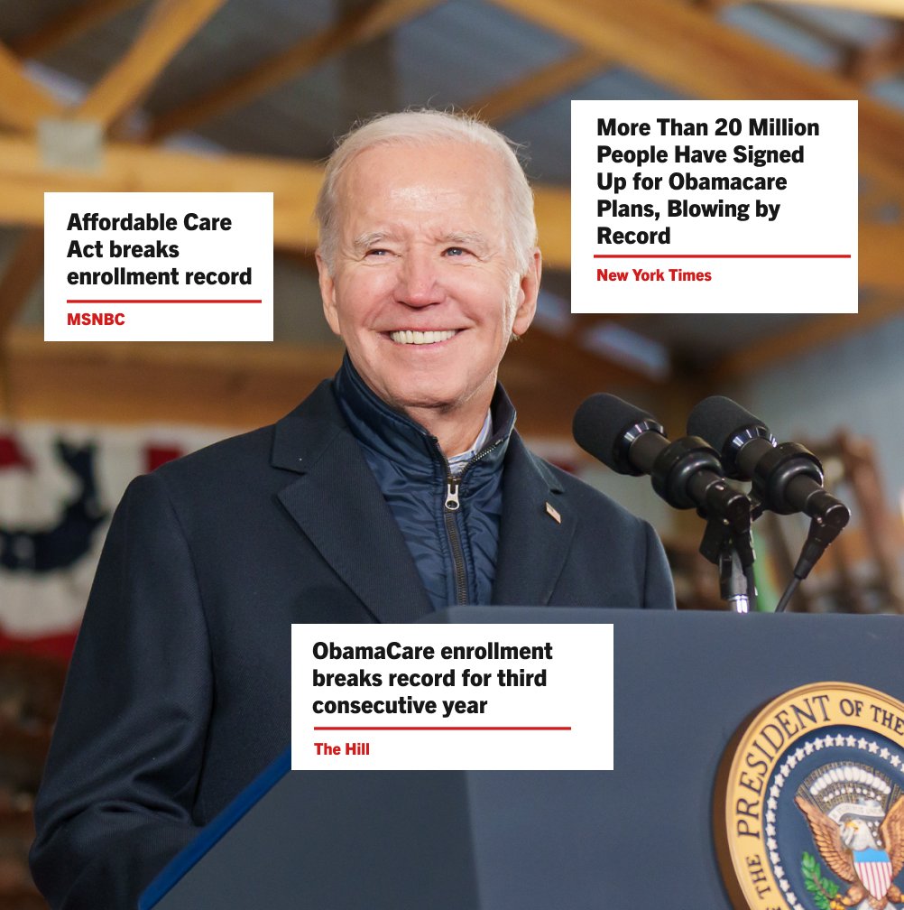President Biden delivering remarks from the podium, smiling out at the audience. There are three text boxes with headlines from MSNBC, NY Times and The Hill in the image reading:
"Affordable Care Act breaks enrollment record"
"More Than 20 Million People Have Signed Up for Obamacare Plans, Blowing by Record"
"ObamaCare enrollment breaks record for third consecutive year"