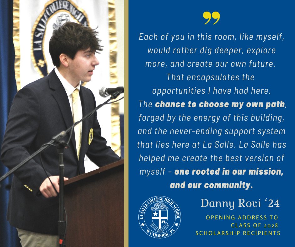lschs's tweet photo. At Thursday evening's, Scholarship Reception for the Class of 2028 - Danny Rovi '24 put into words what "Choose Your Path" has meant to him during his time at La Salle. 

#LSCHS2028 #EnterToLearn #LeaveToServe https://t.co/9BQdoCzh8J