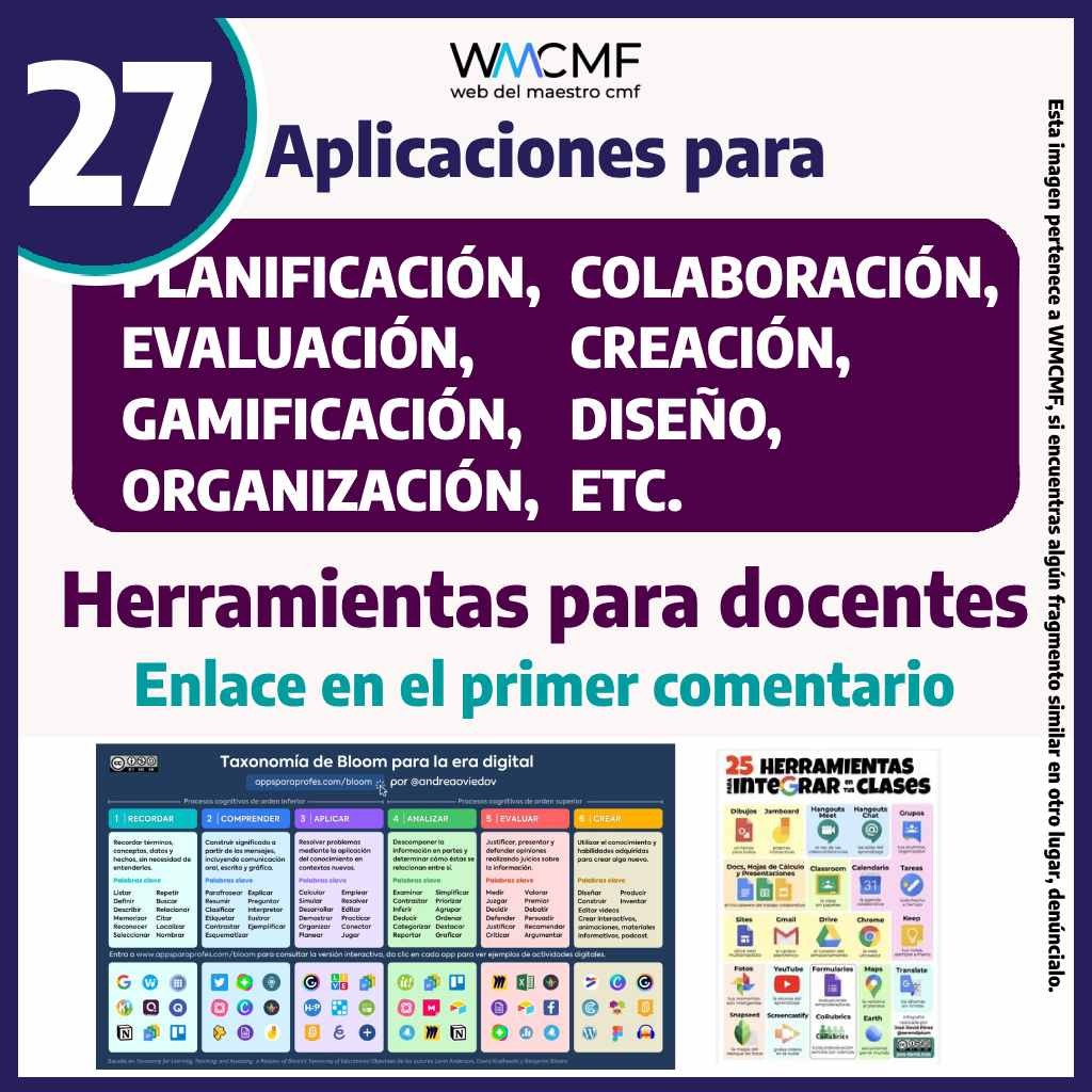 Apps para docentes: planificación, evaluación, gamificación, organización, colaboración, creación, diseño, etc. (Enlace primer comentario)