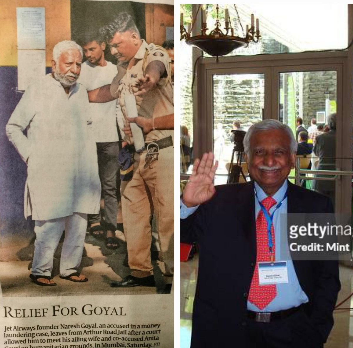 shukla_tarun's tweet photo. Couldn't believe this pic today - @jetairways founder Naresh Goyal leaving jail to meet his wife, who is unwell, for the day.

ps : pic in the right, i had clicked during an interview with him in istanbul, hotel conrad, 2008. 

✈️ #sad #times https://t.co/HH2CrGONVu