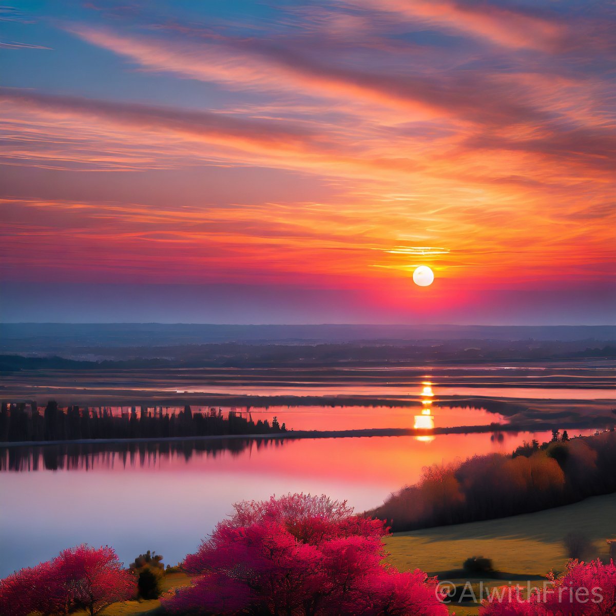 Sunset Embrace Over Still Waters

Embracing the symphony of nature as the day bids farewell. 

#SunsetSerenade #NaturesCanvas #ReflectionsOfBeauty #GoldenHourGlow #SkylineSpectacle #EveningElegance #CrimsonCrests #nftart #nft #aiartcommunity #aiartwork #aiartists #art