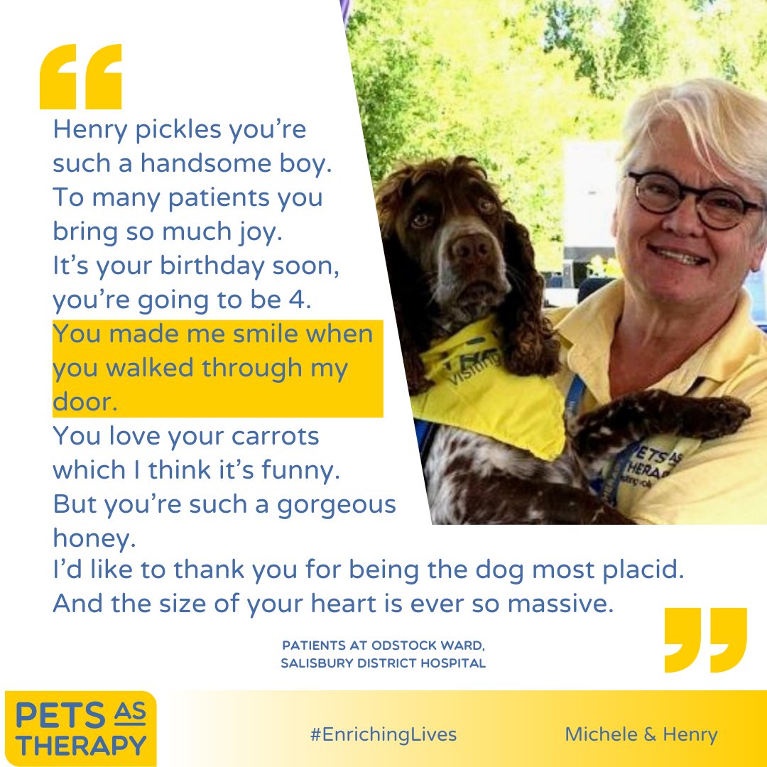 PetsAsTherapyUK's tweet photo. #EnrichingLives
This poem came from a patient at @SalisburyNHS after meeting #PATTeam @Michele37769534 and is proof of the extraordinary impact our dogs have on people's lives💛🐾
@TeamOdstockWard
Have a story about meeting our PAT Dogs or Cats? Put it in the comments 👇 or DM us https://t.co/xBi6YDv41R