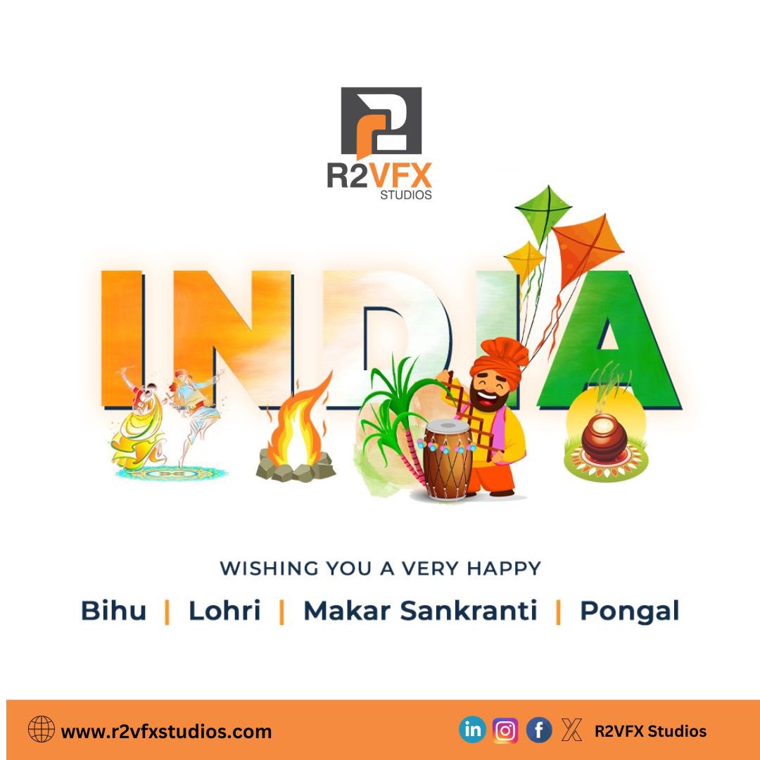 r2vfx's tweet image. Across lands and cultures, our hearts unite in celebration! Wishing everyone a season filled with joy, warmth, and prosperity. Happy Pongal, Bihu, Lohri, Uttarayan, Villaku, and Makar Sankranti. Let&apos;s cherish the diverse hues of our traditions. #UnityInCelebration #IndianFestival