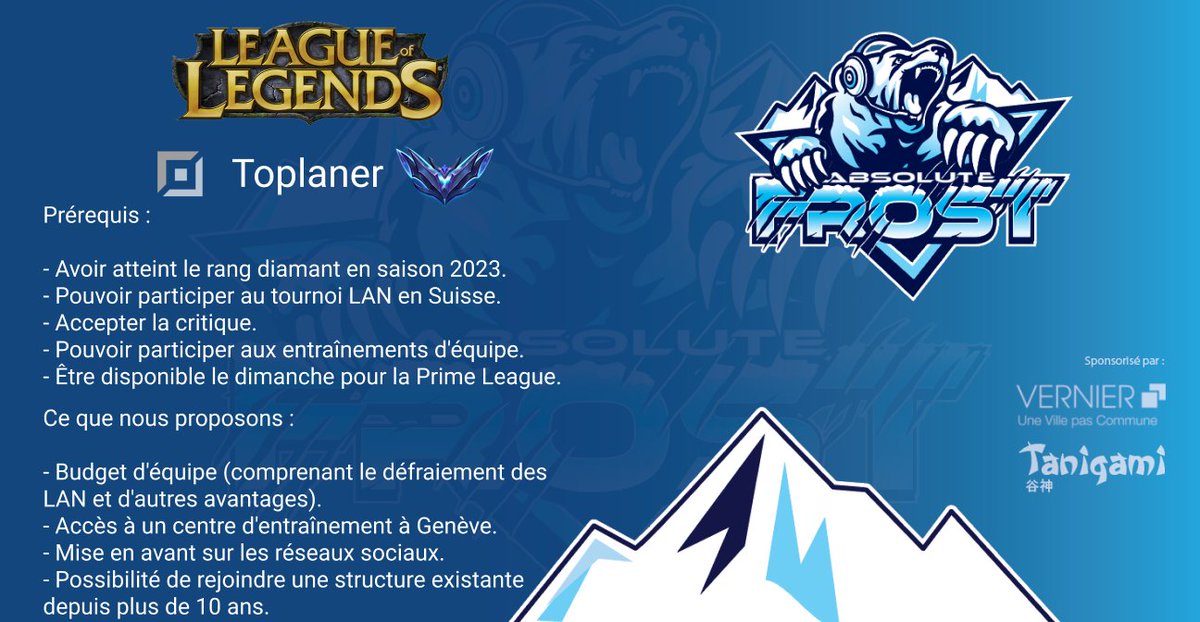AbsoluteFrostCH's tweet photo. L'équipe LoL d'Absolute Frost recherche son toplaner de niveau diamant/master pour la saison 2024.

Événements LAN : Polylan + Switzerlan
Ligue : Prime League Division 5.

Pour plus de questions, n'hésitez pas à nous contacter en message privé (MP).
@LoL_LFT_Fr https://t.co/yzgmzKzUXD