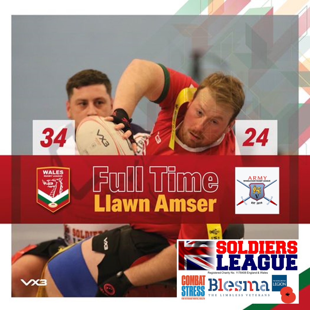 The battle of Cwmbran ends and the @WalesRugbyL   Wheelchair team take the spoils.

Wales 34  The @Soldiers_League  Army @WheelchairRL 24

Congratulations Wales, great comeback! Best of luck on your upcoming USA tour 

#CymruRL