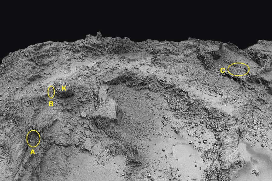 New discovery! The Rosetta spacecraft's OSIRIS camera reveals three icy cavities on comet 67P's nucleus, hinting at subsurface water ice. These potentially ancient ice pockets, connected to comet jets, offer a glimpse into the comet's hidden layers.