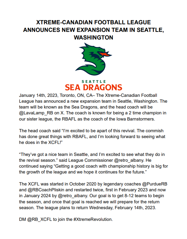 The XCFL has announced their fifth expansion team in Seattle, Washington, named the Sea Dragons. The team will be coached by <a href="/LavaLamp_RB/">LavaLamp</a>.

DM us today to join the #XtremeRevolution.