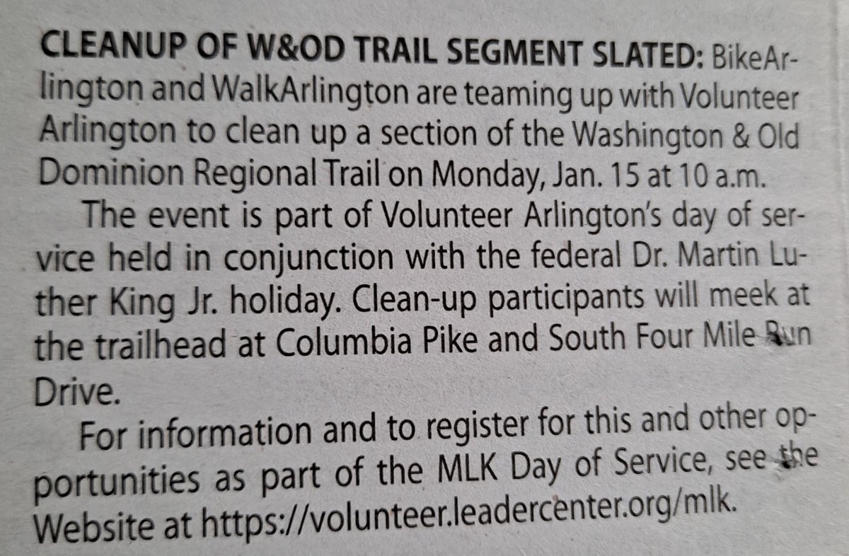WalkArlington's tweet photo. EXTRA! EXTRA! @GazetteLeader23 joins the media frenzy urging you to join @WalkArlington and @BikeArlington for our #WOD #TrailCleanup on #MLKDay. ๐๏ธ๐ฐ๐๏ธSign up here: https://t.co/TpNzUFiumu
See you on Monday, January 15! #ADayOnNotADayOff #MLKDayofService https://t.co/oZxNzRQEW1