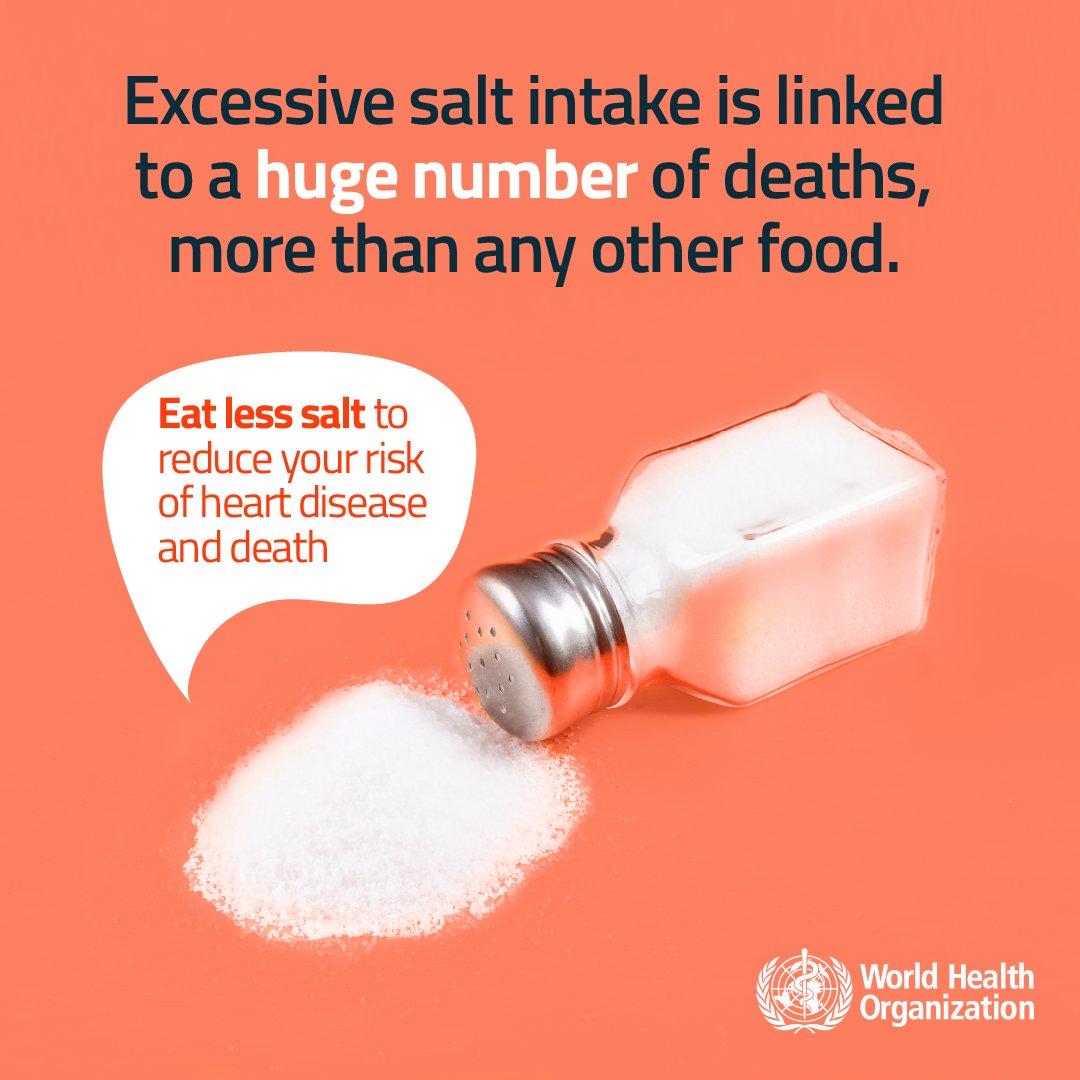 Excessive salt intake is linked to a huge number of deaths, more than any other food.    
 
Eat less salt 🧂 to reduce your risk of heart disease and death 👉bit.ly/3TXHOda