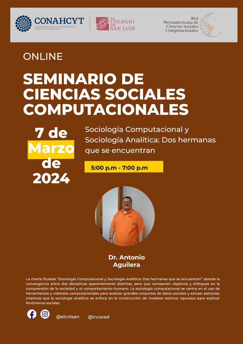 ComunidadCPC's tweet photo. Seminario de Ciencias Sociales Computacionales, 
7 de marzo de 2024 – (5-7 pm hora México)
Sociología Computacional y Sociología Analítica: Dos hermanas que se encuentran
Dr. Antonio Aguilera

https://t.co/atlH9oZsqI https://t.co/EWZSz0vXEI
