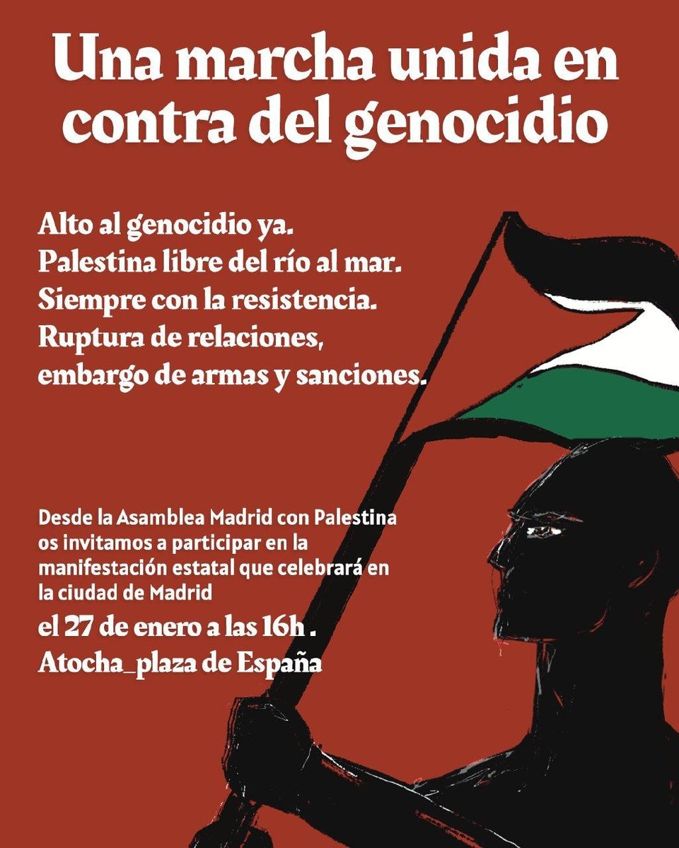 #27EneroConPalestina 
🔔🚨Una marcha unida en contra del  genocidio 📣 

Alto al genocidio. Palestina libre del río al mar.  Siempre con la resistencia  .Ruptura de relaciones,  embargo de armas y sanciones