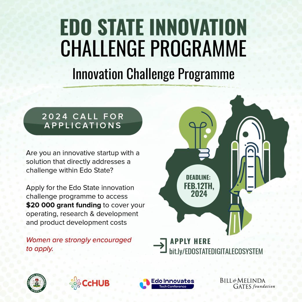 EdoHub's tweet photo. The Edo State Government in collaboration with Bill and Melinda Gates Foundation and CcHUB plans to fund 50 startups with Innovative technological ideas in Edo State.

🔗 To Apply Visit 👉 https://t.co/0jfQvKSqnc 

📌Women are strongly encouraged to apply.

#EITC2024 
#EdoTechCon https://t.co/QYz4SMh2T4