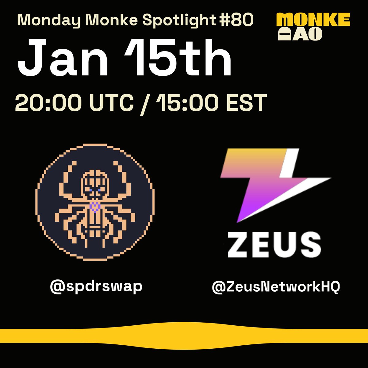 MONDAY MONKE SPOTLIGHT #80 🙉 

For our first MMS of 2024: 
📅 Jan 15th 
⌚️ 3PM EST / 8PM UTC 

Featuring... 
<a href="/carbium/"></a> and <a href="/ZeusNetworkHQ/">Zeus Network</a>   

Our weekly Spaces offers Monke builders and creators a place to showcase the cool stuff they're working on. 

Join us, 🔗 Spaces link 👇
