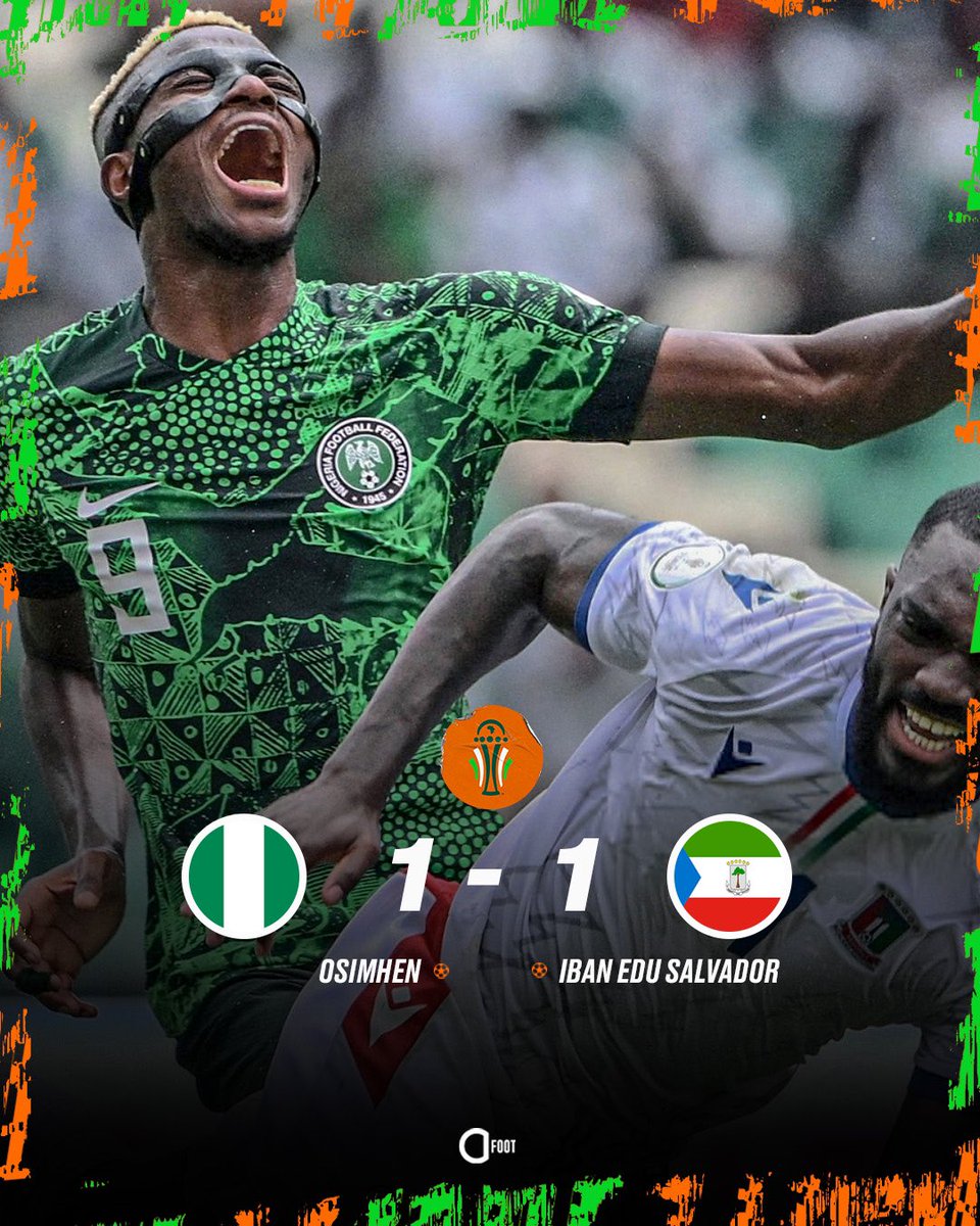 🚨 Coup de Tonnerre à  ABIDJAN 
𝗟𝗘 𝗡𝗜𝗚𝗘́𝗥𝗜𝗔 🇳🇬 𝗘𝗦𝗧 𝗧𝗘𝗡𝗨 𝗘𝗡 𝗘́𝗖𝗛𝗘𝗖 𝗣𝗔𝗥 𝗟𝗔 𝗚𝗨𝗜𝗡𝗘́𝗘 𝗘́𝗤𝗨𝗔𝗧𝗢𝗥𝗜𝗔𝗟𝗘 🇬🇶 𝟭-𝟭 
#CAN2023 #TotalEnergiesAFCON2023