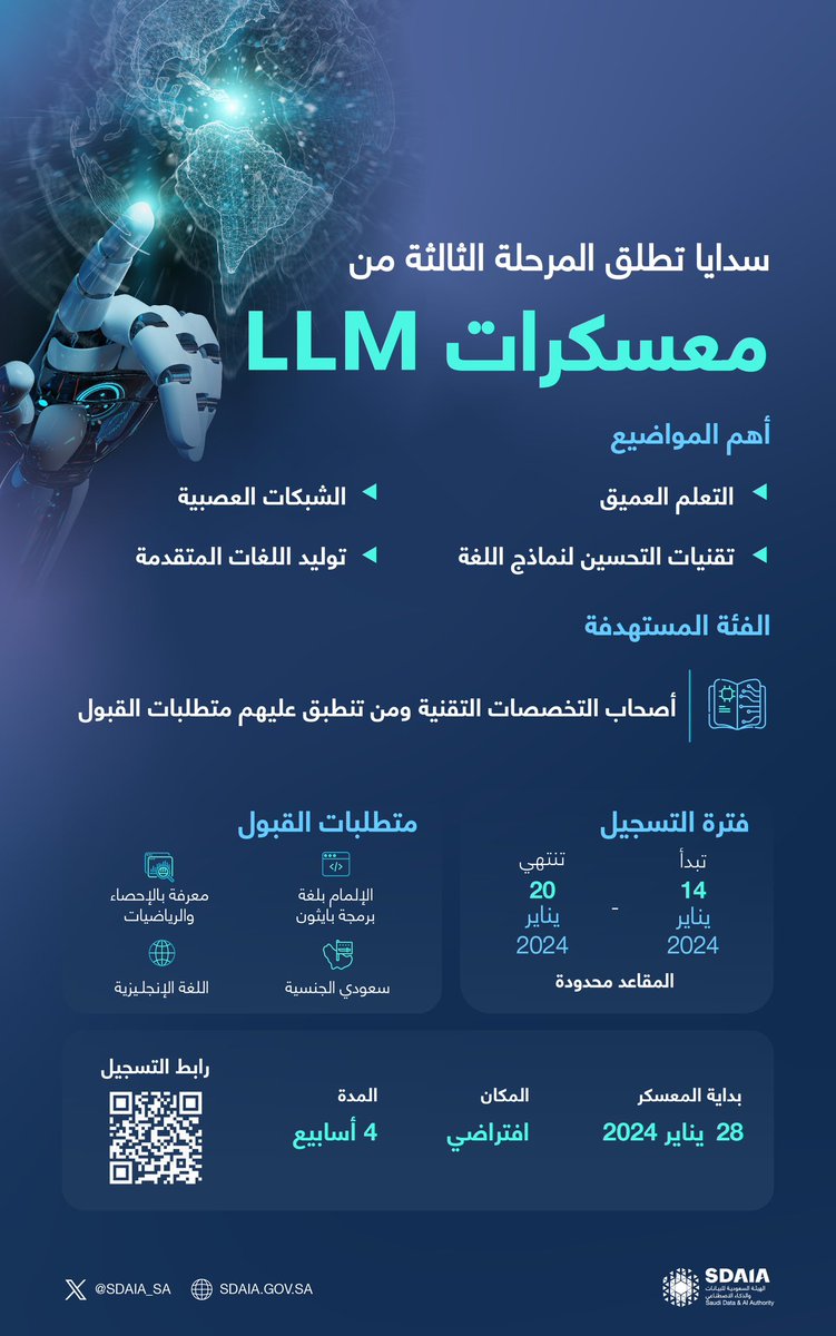 SDAIA_SA's tweet image. #سدايا تفتح باب التسجيل في معسكرات النماذج اللغوية الكبيرة (LLM) في مرحلتها الثالثة التي تستهدف المهتمين والمختصين في مجالات البيانات والتقنية.
للتسجيل: sdaia.tuwaiq.edu.sa/llm