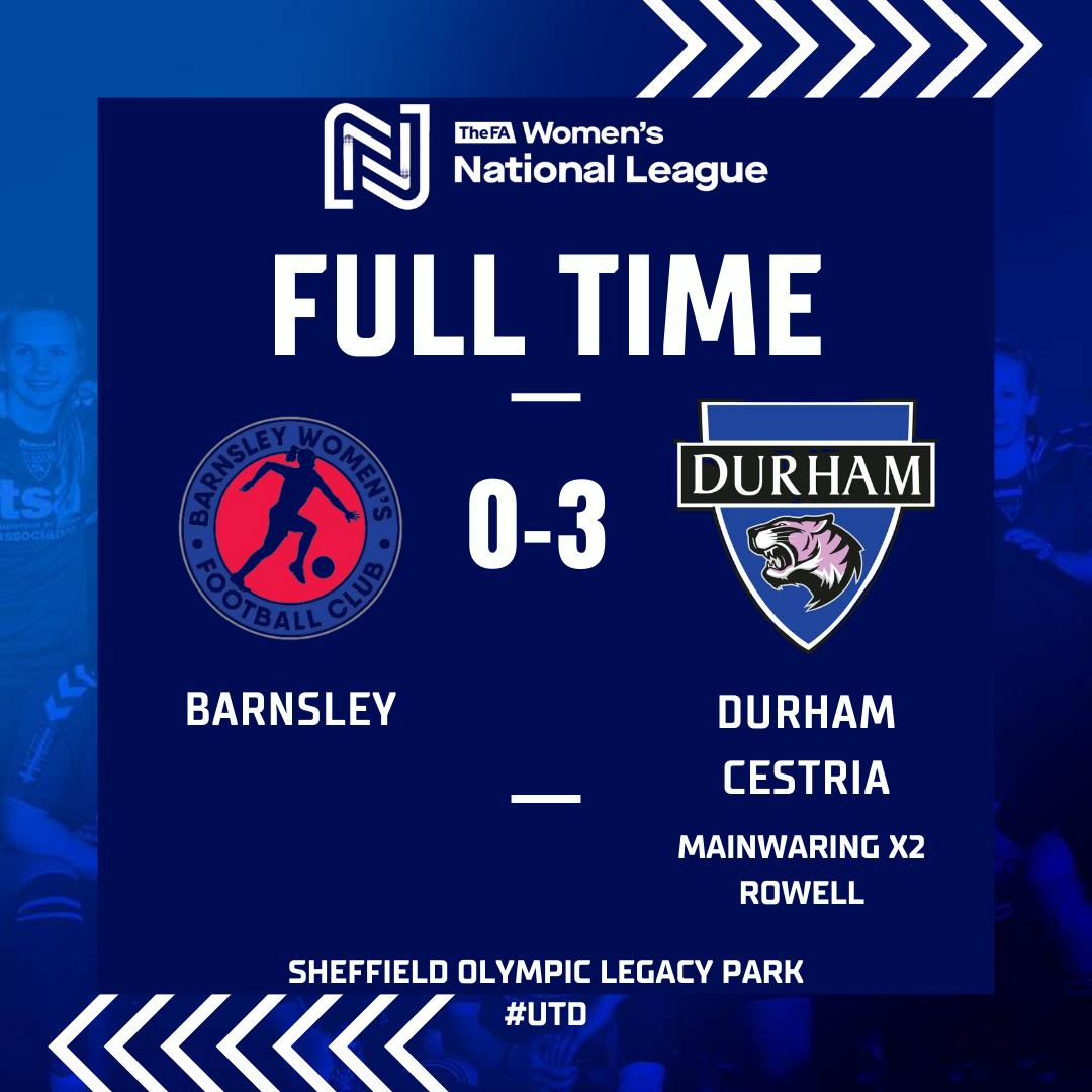 Full Time

<a href="/BarnsleyWFC/">Barnsley Women’s Football Club</a> 0️⃣ - 3️⃣ <a href="/DurhamCestria/">Durham Cestria</a> 

Outstanding performance against top of the league.

#UTD