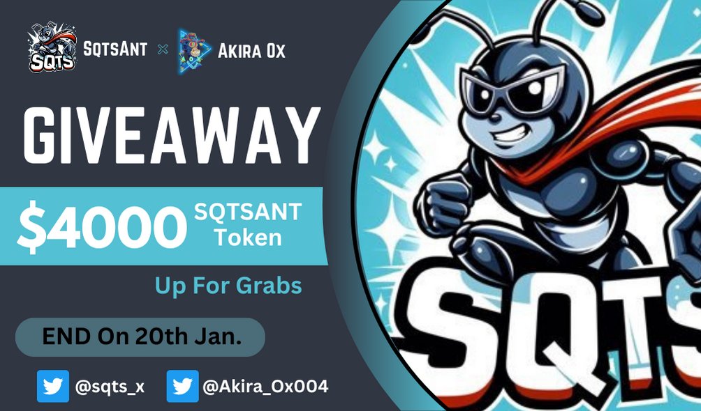Akira_OX004's tweet photo. 🤝 New Partnership Announcement

🎁 Giveaway Total :- 4000$ Worth of $SQTSANT Token For 500 Winners

➡ To Enter -
1⃣ Follow @sqts_x &amp; @Akira_Ox004
2⃣ Like, RT, Tag 3 Friends 🔔
3⃣ Comment Your Metamask Address

⏳ Ending Time: 20th JAN 

#Airdrop #Giveaway #Usdt #Crypto #DYOR https://t.co/YTpk7SDPcC
