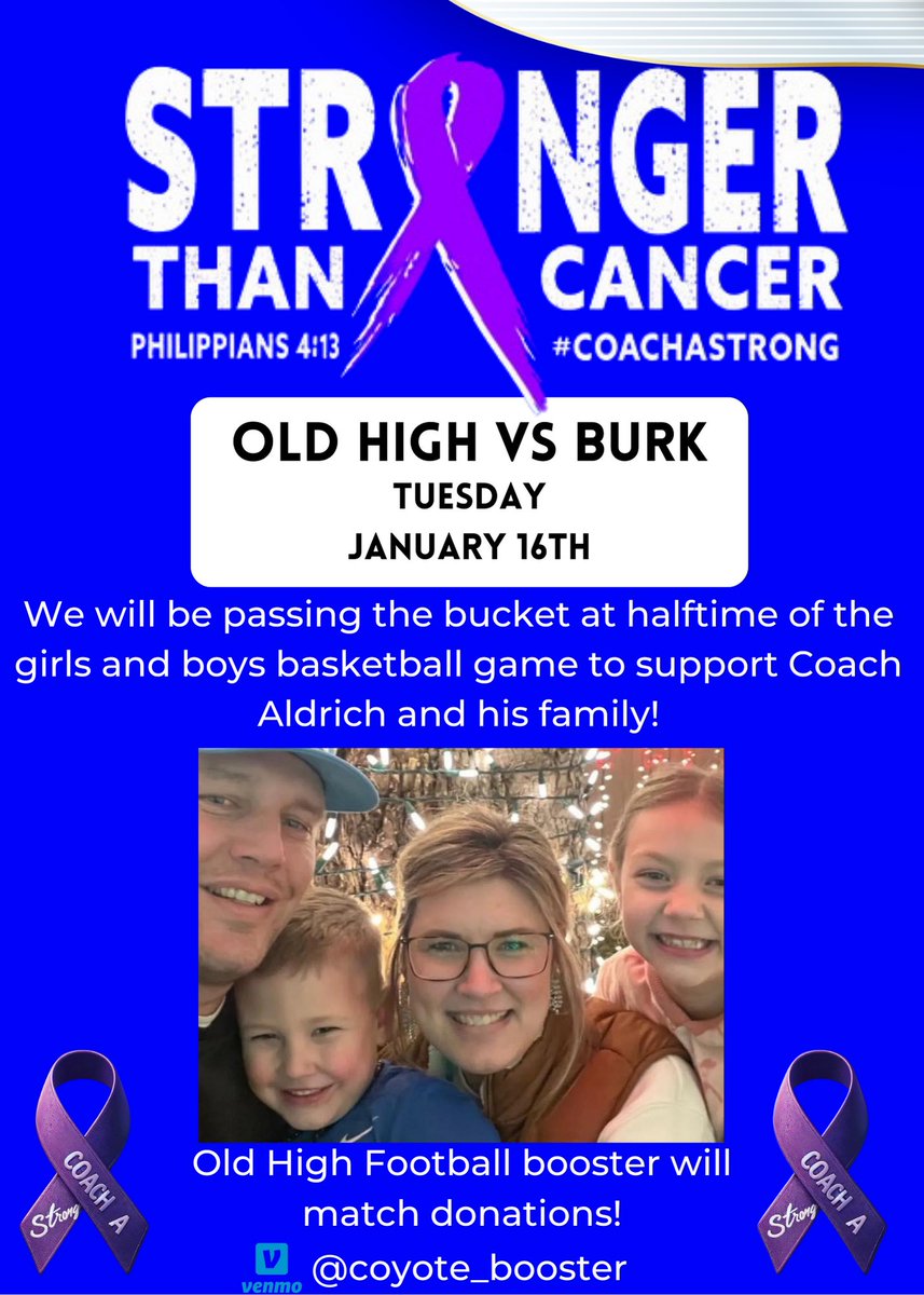 The Old High booster club will be matching donations at the @WFCoyoteBB and @LadyCoyoteBB on Tuesday January 16th vs @BurkAthletics! All donations will be given to Coach Aldrich & his family to help in their time of need! Please, come out and support! #OnceACoyote #AlwaysACoyote