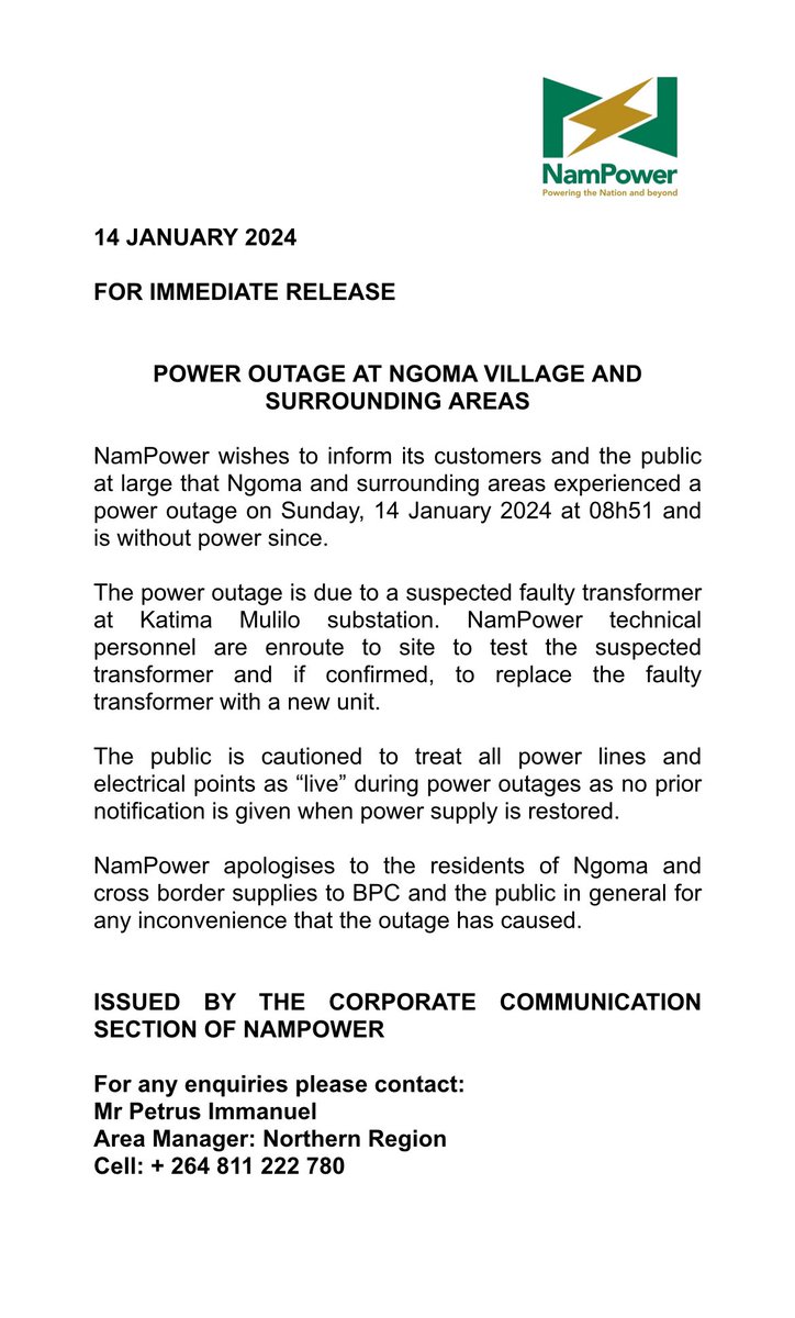 MEDIA RELEASE: POWER OUTAGE AT NGOMA VILLAGE AND SURROUNDING AREAS - 14 JANUARY 2024
