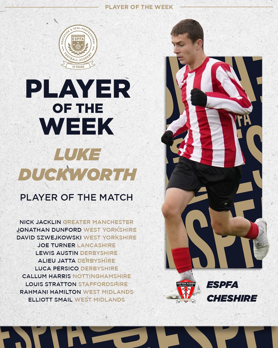 Congratulations to first year ESPFA Cheshire student Luke Duckworth who has been named 'Player of the Week' from #MatchweekFourteen

The <a href="/WittonAlbion/">Witton Albion Football Club</a> strikers hat trick secured his side the three points against ESPFA Cup Group A opponents <a href="/BelperTownFC/">𝗕𝗲𝗹𝗽𝗲𝗿 𝗧𝗼𝘄𝗻 | 𝟣𝟪𝟪𝟥</a> (Black).

Also highlighted