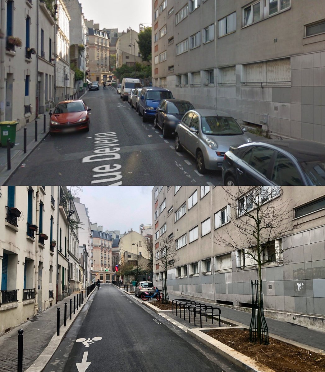 Avant / Après Rue Deveria dans le 20ème arrondissement de Paris. Quelques arbres et un parking vélo à la place de places de parking automobile.