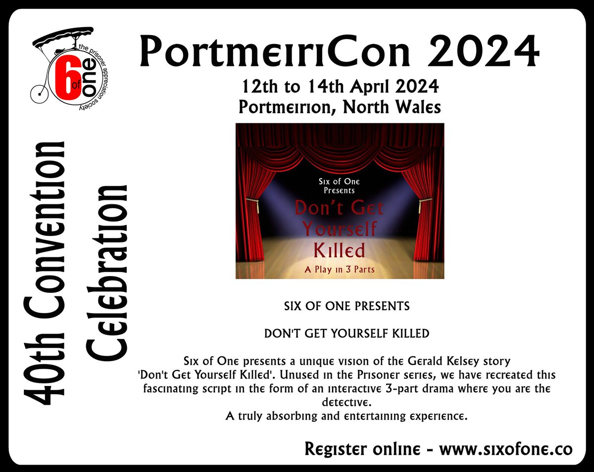 PortmeiriCon 2024 Six of One presents a unique, interactive murder mystery experience based on the unused script 'Don't Get Yourself Killed'. In three parts over the weekend, can you work out Who dun' it? Register for the Convention at sixofone.co/convention