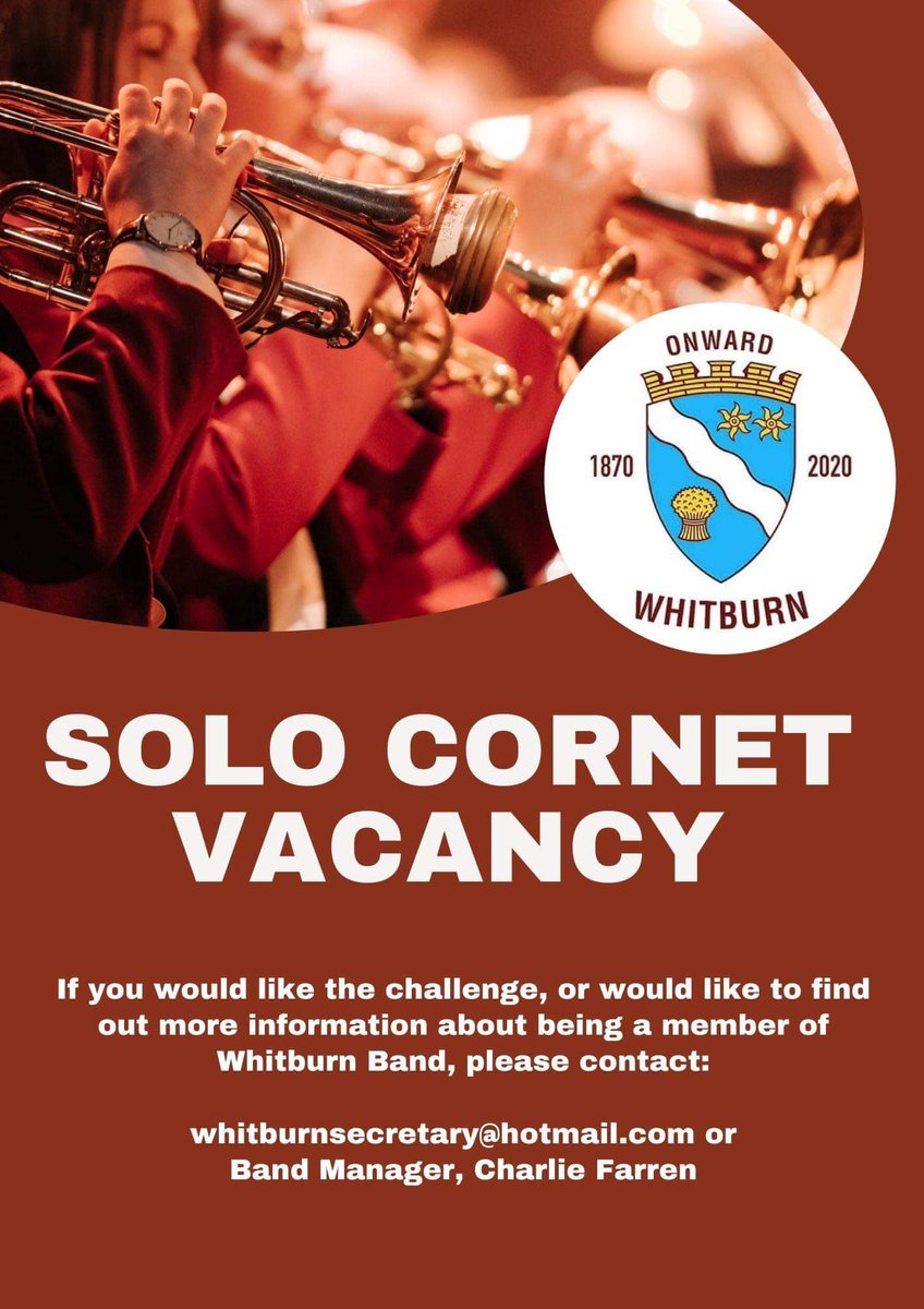 whitburnband's tweet photo. 🎺Solo cornet vacancy🎺

Whitburn Band welcomes applications for a solo cornet player. 

We are looking for a committed, hard working player to join our team ahead of a busy 2024. https://t.co/bqV7suG85g