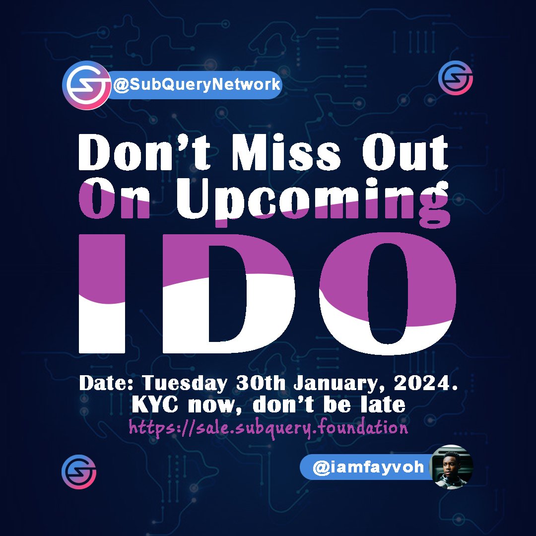 iamfayvoh's tweet photo. ✓. @SubQueryNetwork IDO.

The IDO is the initial DEX offering of @SubQueryNetwork,the IDO will launch the native token of @SubQueryNetwork $SQT.

$SQT is a designed utility token of the @SubQueryNetwork. It serves as an incentive for participation, https://t.co/m8pWyepPMP