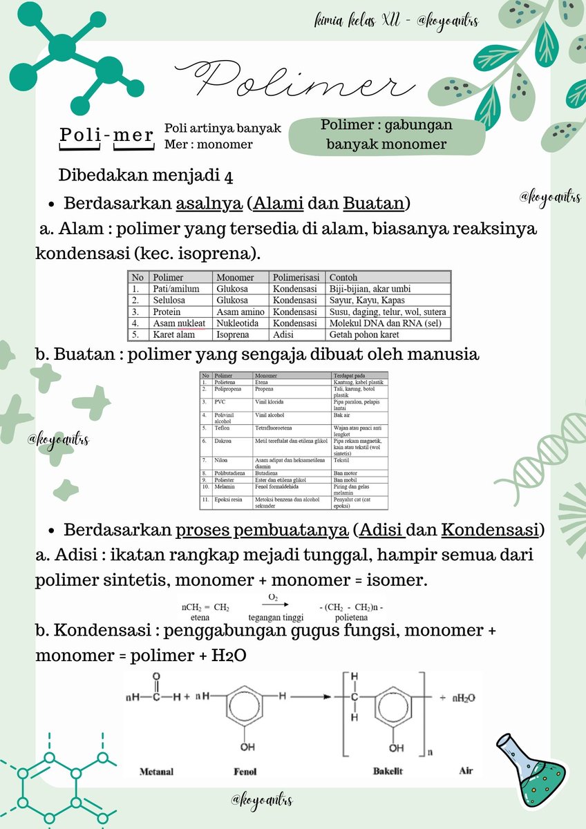 koyoantrs's tweet photo. [ #setorun #studywithjio #studytwt ]

hari ini belajar polimer - kimia buat PH besok. doakan nilainya bagus yaah.

ini ada sedikit catatan polimer  buat yang membutuhkan siapa tau https://t.co/XKhy9sktqe