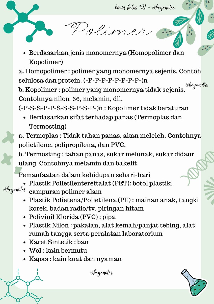 koyoantrs's tweet photo. [ #setorun #studywithjio #studytwt ]

hari ini belajar polimer - kimia buat PH besok. doakan nilainya bagus yaah.

ini ada sedikit catatan polimer  buat yang membutuhkan siapa tau https://t.co/XKhy9sktqe