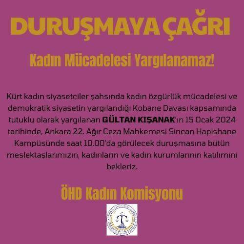DURUŞMAYA ÇAĞRI!

Kobane Kumpas Davası kapsamında tutuklu olarak yargılanan Gültan Kışanak'ın duruşmasına bütün meslektaşlarımızın, kadınların ve kadın kurumlarının katılımını bekleriz.

#KadınMücadelesiYargılanamaz