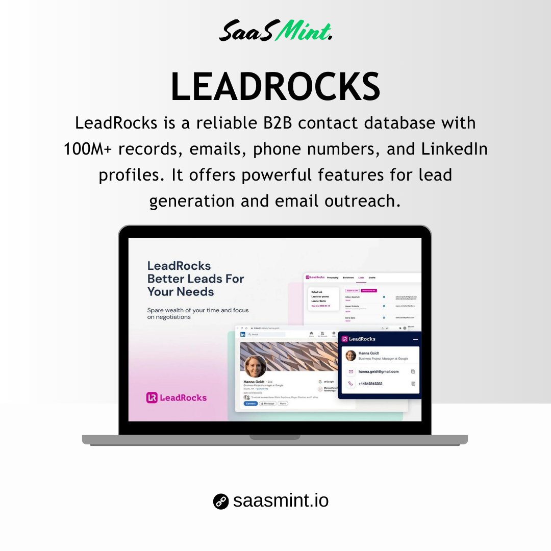 LeadRocks is a reliable B2B contact database with 100M+ records, emails, phone numbers, and LinkedIn profiles. 

It offers powerful features for lead generation and email outreach.

#LeadRocks #B2B #BusinessToBusiness #Database #EmailOutreach #SaaSMint