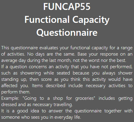 TomKindlon's tweet photo. Take the FUNCAP55 questionnaire online, a questionnaire specially designed for ME/CFS, to assess your functional capacity

https://t.co/Yrq6PZbH0I

#MyalgicEncephalomyelitis #ChronicFatigueSyndrome #MEcfs #CFS #PwME #LongCovid

1/ https://t.co/HJpdKTyl8l