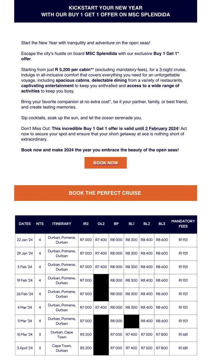 daring_travel's tweet image. Don&apos;t Miss Out: This incredible Buy 1 Get 1 offer is valid until 2 February 2024 #MSCSplendida 

Act now to secure your spot and ensure that your short getaway at sea is nothing short of extraordinary.
 
Book now and make 2024 the year you embrace the beauty of the open seas.