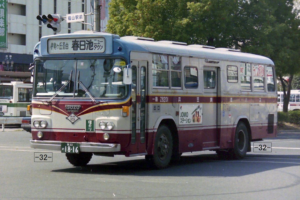 #井笠鉄道　IKASA TETSUDO
岡22か1816　K-EDM430　Z8201　1982年式　
直結冷房、トルコンAT。前面にAUTOMATICのプレートが付いてます。
福山市内　1996.4