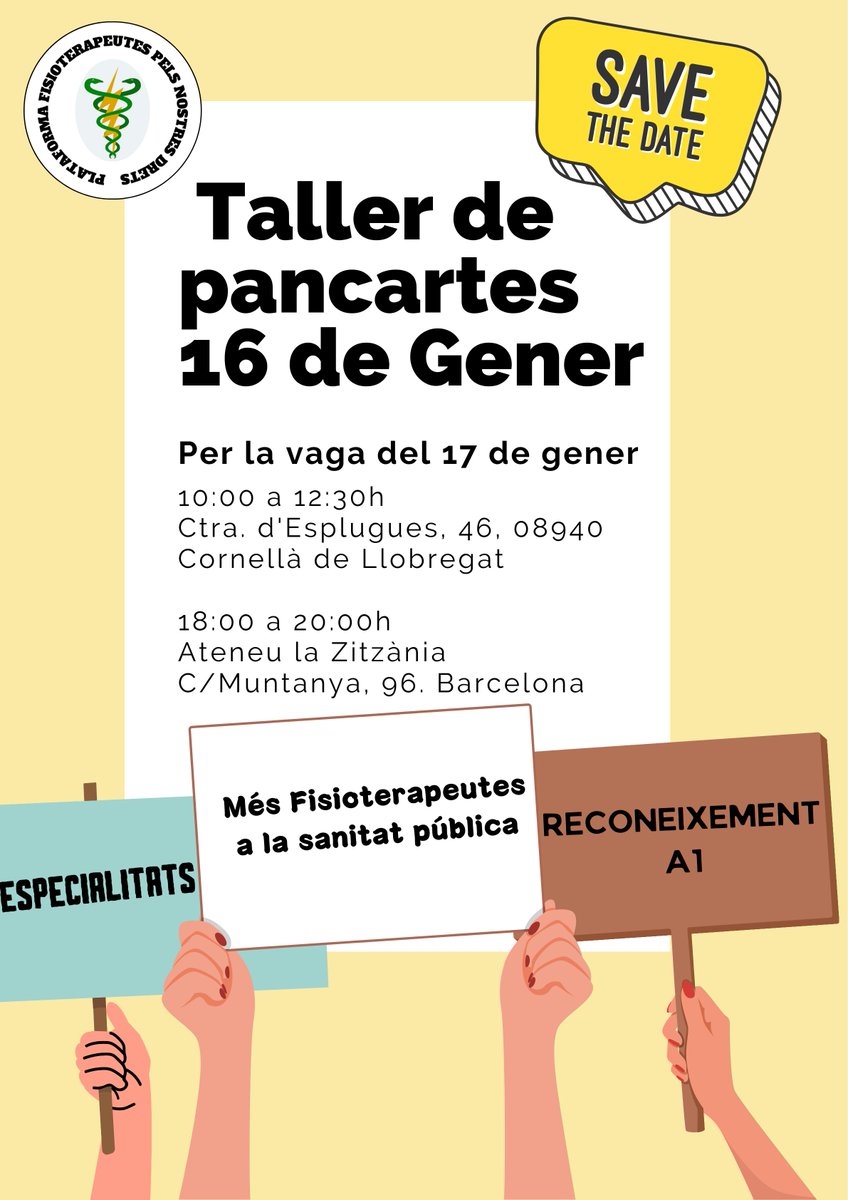 El proper 16 de gener ens organitzem juntes. 🫂
Serà una oportunitat per expressar les nostres reivindicacions. 
Us animem a participar, portar les vostres idees i energies per fer que aquesta mobilització sigui un èxit rotund. 
<a href="/CGTBaixLlob/">CGT Baix Llobregat</a> @AteneuZitzania #fisiosenlluita