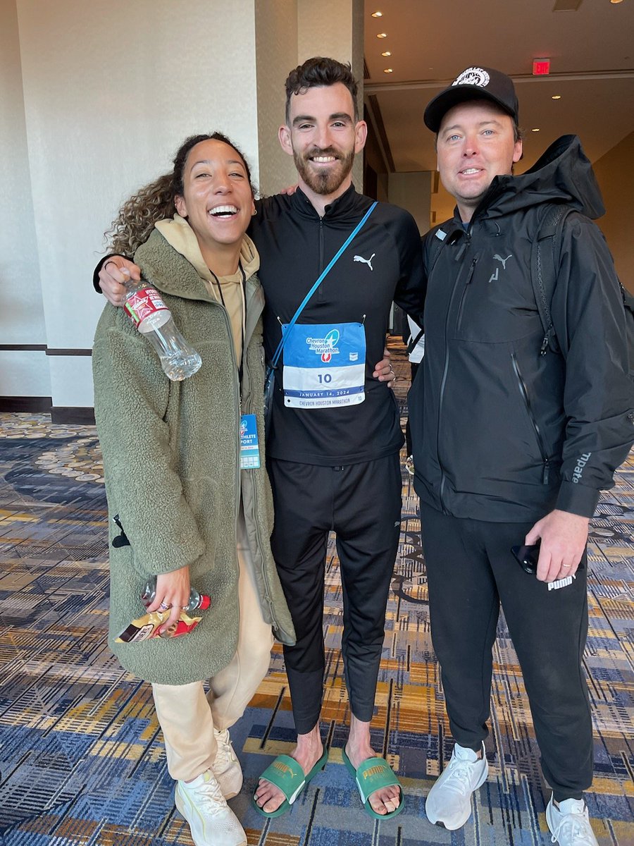 High spirits behind the scenes with the missus and the coach after a historic run, 4 minute PB, Olympic standard for Pat #olympics #marathon #PUMA