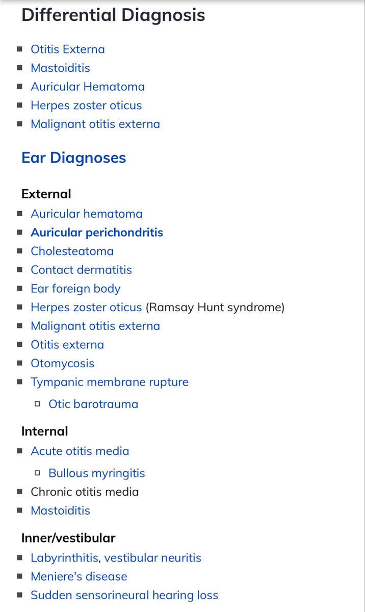 You9F_'s tweet photo. التشخيص 🟣 
التهاب أنسجة غضروف الأذن 
 ✅ Auricular Perichondritis 

عدوى فالأنسجة التي تغطي الجزء الغضروفي الخارجي من الأذن (صيوان الأذن).

الاعراض:
🔺احمرار
🔺ألم في الاذن
🔺تورم

العلاج:

 ✅مضاد حيوي
✅مسكنات الألم 
✅كمادات دافية  ✅إزالة الأجسام الغريبة، وخاصة أقراط الأذن التي تخترق جزءًا من غضروف الصيوان
✅ قد تحتاج شق للدمامل جراحيا لتصريف القيح ان وجد

للمزيد والتفرقة👇