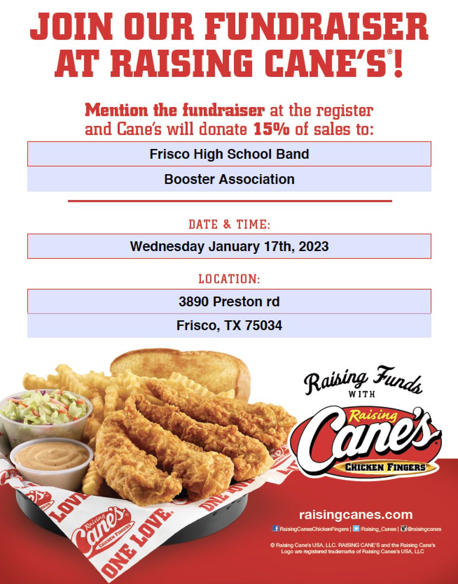 FHSBandBoosters's tweet photo. SPIRIT NIGHT ALERT
Date: Thursday 1/17/2024
Location: Raising Cane's
Address: 3890 Preston Rd. Frisco TX 75034 https://t.co/whrd4dLadw