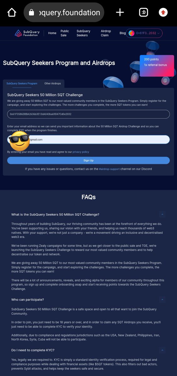 iamfayvoh's tweet photo. @SubQueryNetwork #2. Click on airdrop claim
#3. Connect wallet and sign signature request
#4. Input your email and click sign up
#5. Check your email for a link and verify
#6. All done. 

Now you have to do tasks to earn points, the more challenges you complete, the more $SQT tokens you can earn! https://t.co/qov2VxWEZW