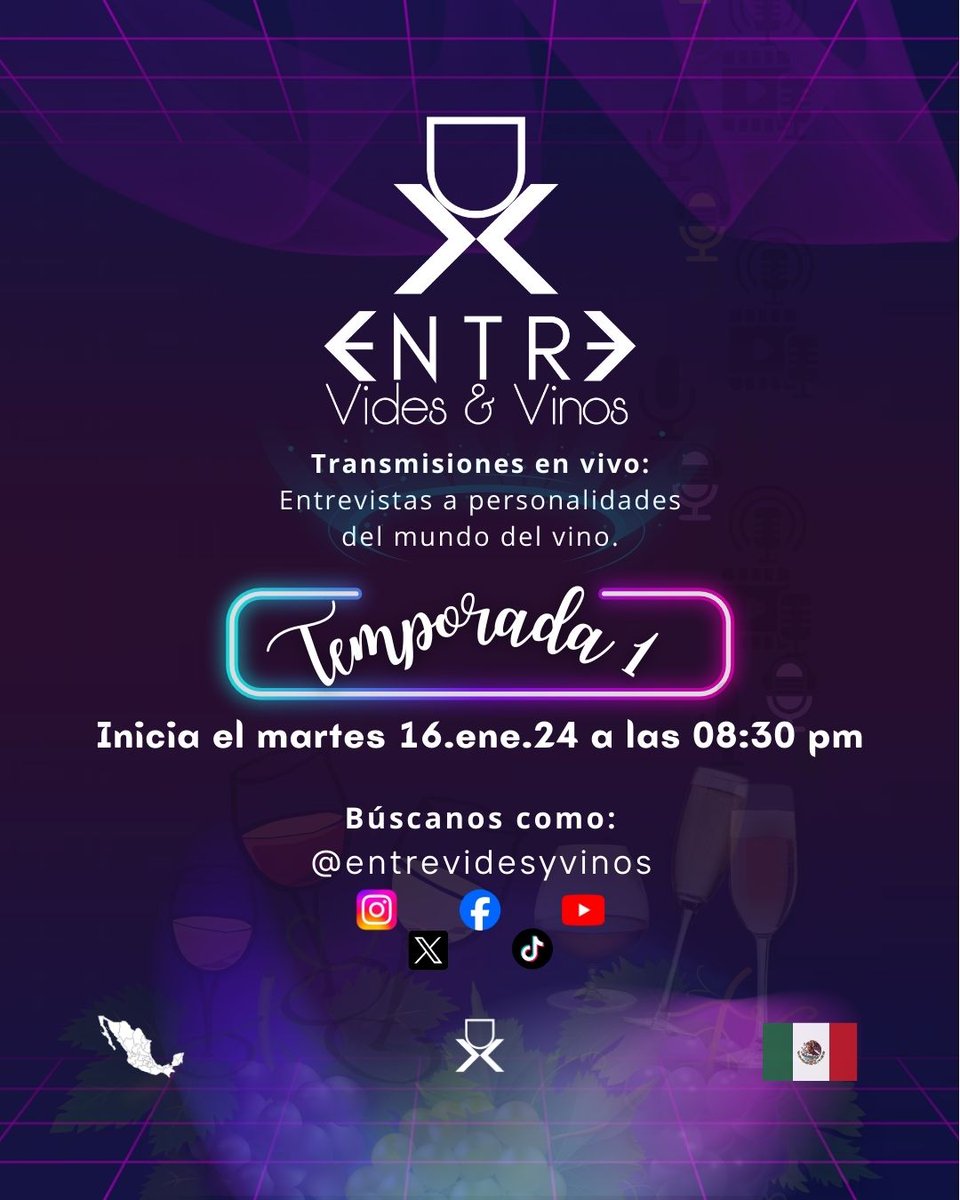 entrevidsyvinos's tweet photo. ¡Feliz de anunciar que la Temporada 1 de Entre Vides & Vinos inicia el próximo martes 16.ene.24 a las 08:30 pm!
¡Únete a la transmisión!
#entrevidesyvinos #winetalks #tastingtalks #platicasdevino #platicasconvino #enoturismo #turismoenologico #enotourism #oenotourism #winetourism https://t.co/xd738lf0Dj