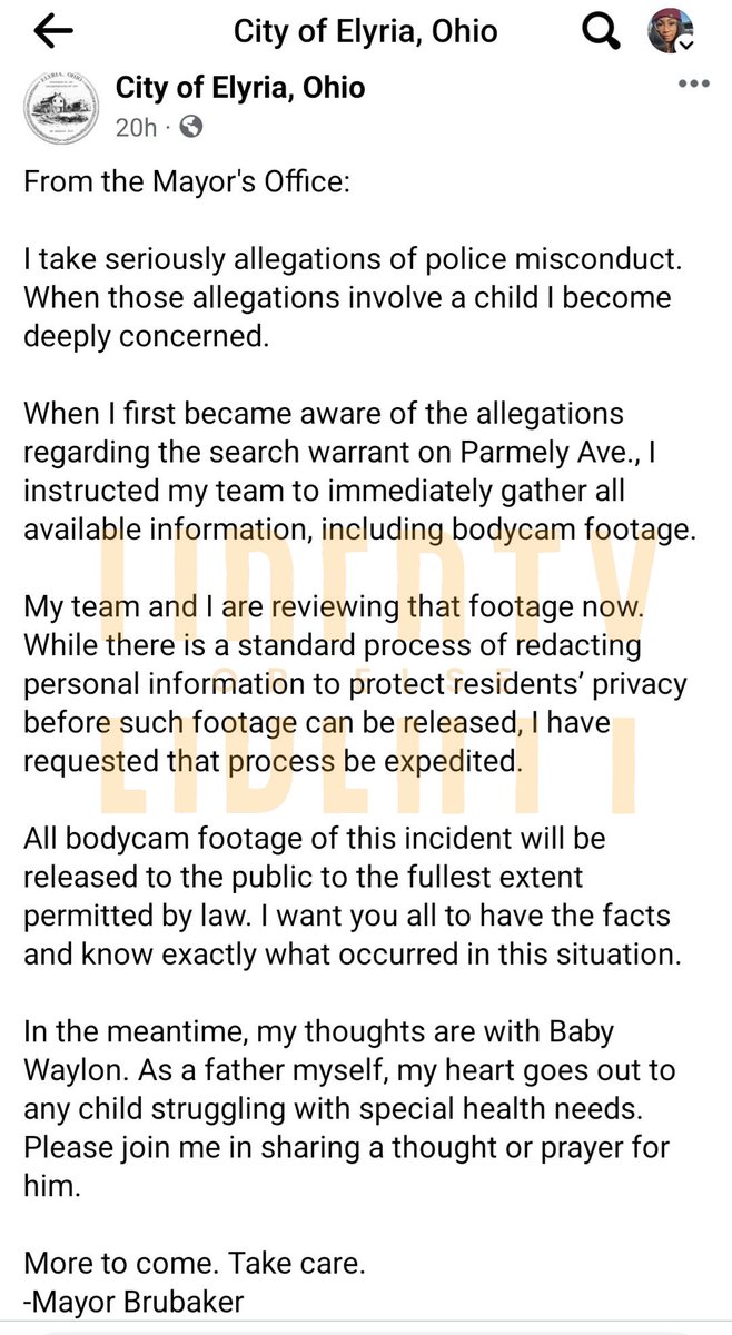 DoniTheMisfit's tweet photo. We don't want an internal investigation.
This must be taken seriously. We must demand the end of qualified immunity for public officials and their thugs. Make this right @OhioAG and @GovMikeDeWine.
Baby Waylon deserves justice and this department needs a REAL investigation. This should never happen again! #JusticeForWaylon
Below is the response of the Mayor of Elyria Ohio, Kevin A. Brubaker:
https://t.co/c5B3qePEdz
